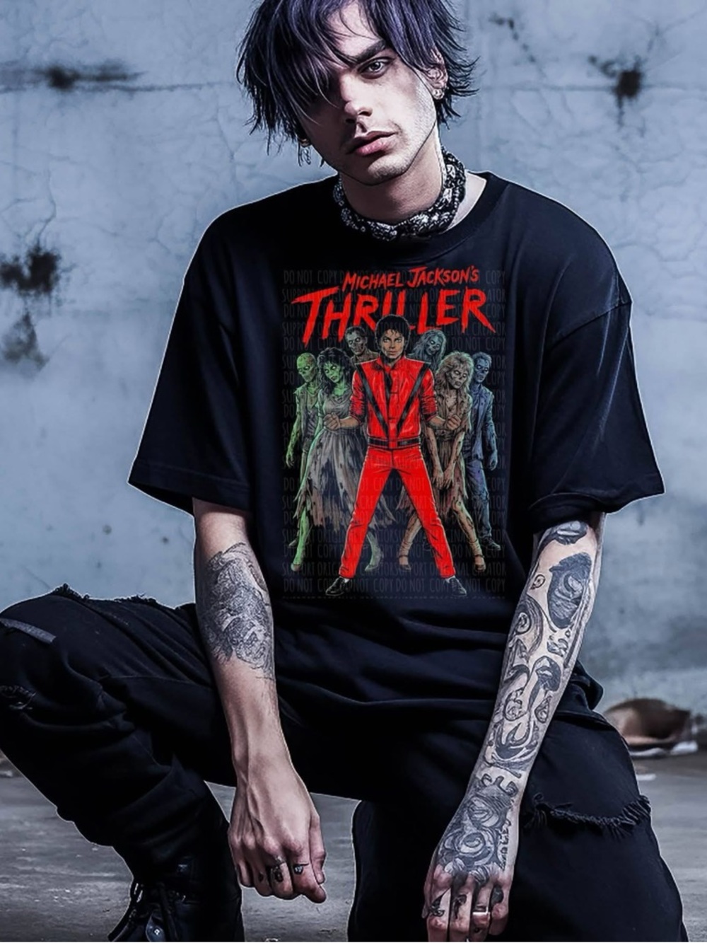 Men's Black Graphic Thriller T-Shirt with Red Print XS-3X